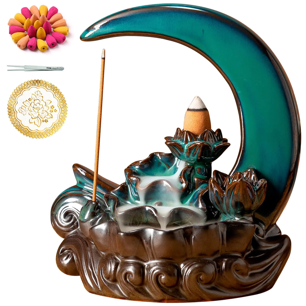 GARMOLY Moon Incense Burner with 60 Incense Cones + 30 Incense Stick Ceramic Waterfall Incense Burner Backflow Incense Holder for Aromatherapy Ornament Home Decor (Cyan)